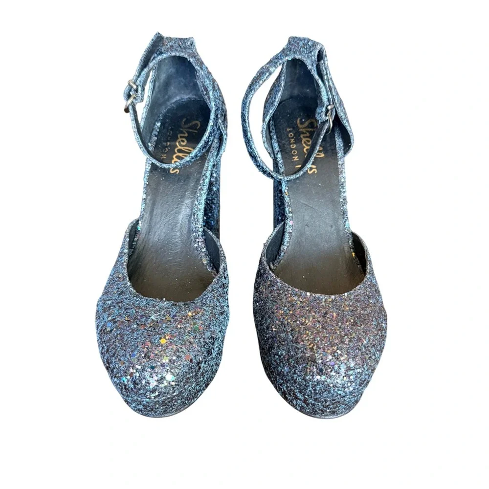 Shellys London Womens Blue Glitter Platform Block Heel Ankle Strap‎ Size 37 6.5